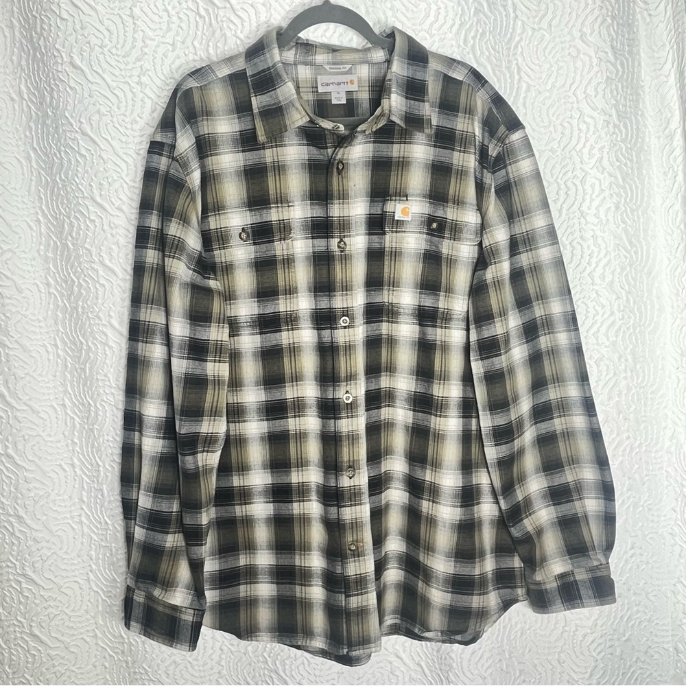 Carhartt Men's XL Plaid Flannel Long Sleeve Button Down Shirt Tan Black